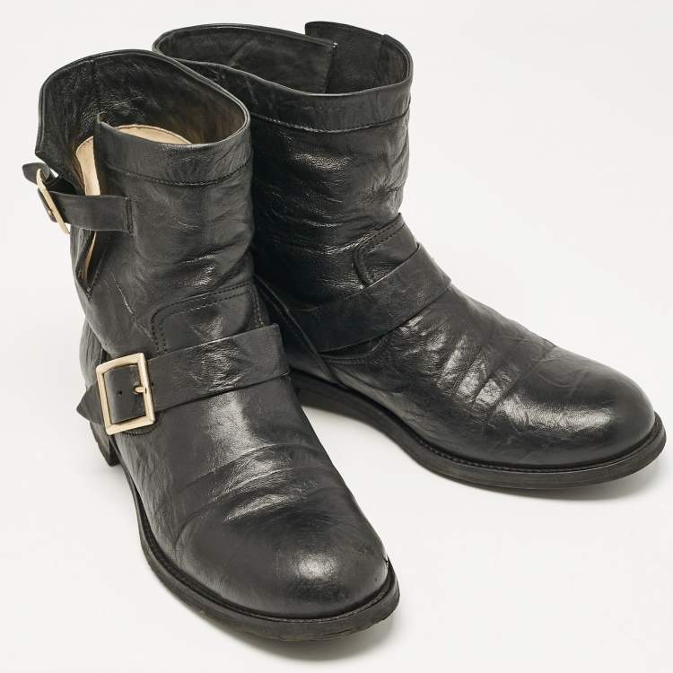 Pre Owned Jimmy Choo Black Leather Biker Boots Size 42