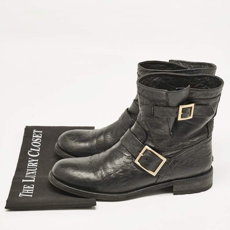 Pre Owned Jimmy Choo Black Leather Biker Boots Size 42