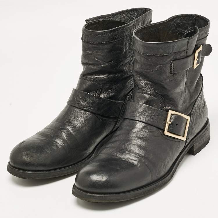 Pre Owned Jimmy Choo Black Leather Biker Boots Size 42