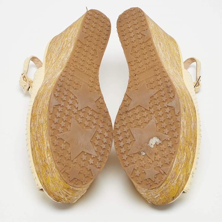 Pre Owned Jimmy Choo Yellow Snakeskin Leather Wedge Sandals Size 37