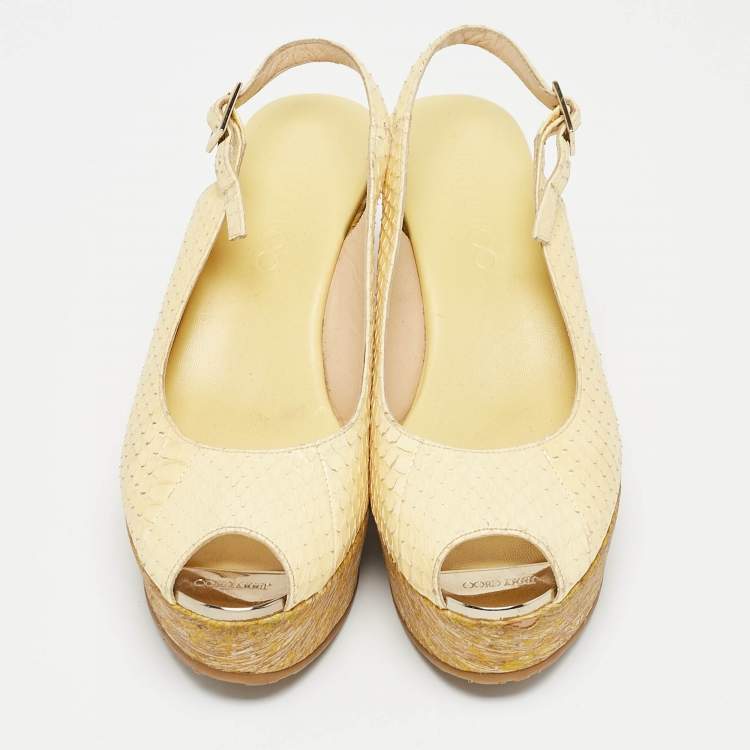 Pre Owned Jimmy Choo Yellow Snakeskin Leather Wedge Sandals Size 37