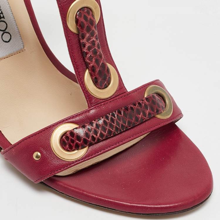 Pre Owned Jimmy Choo Red Leather and Snakeskin Leather Ankle Strap Sandals Size 37