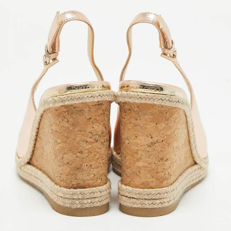 Pre Owned Jimmy Choo Metallic Leather Cork Wedge Sandals Size 35