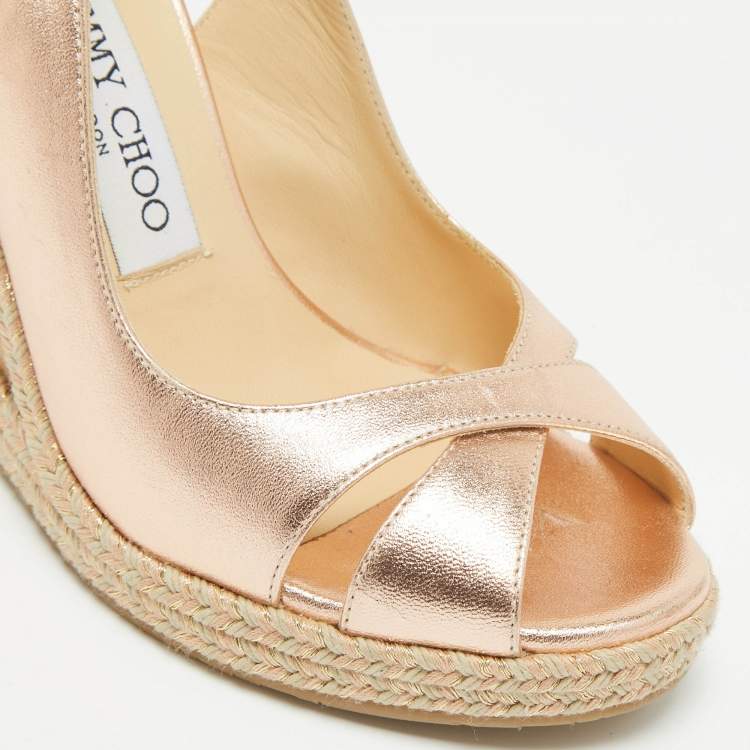 Pre Owned Jimmy Choo Metallic Leather Cork Wedge Sandals Size 35