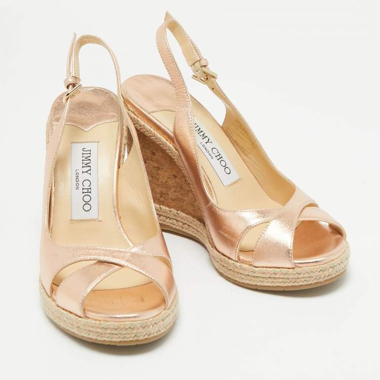 Pre Owned Jimmy Choo Metallic Leather Cork Wedge Sandals Size 35