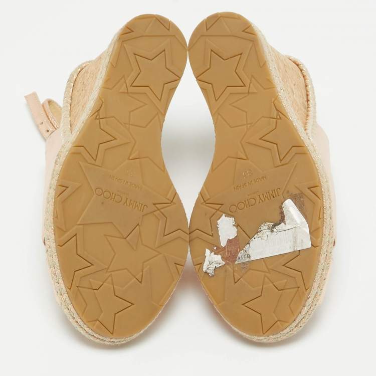 Pre Owned Jimmy Choo Metallic Leather Cork Wedge Sandals Size 35
