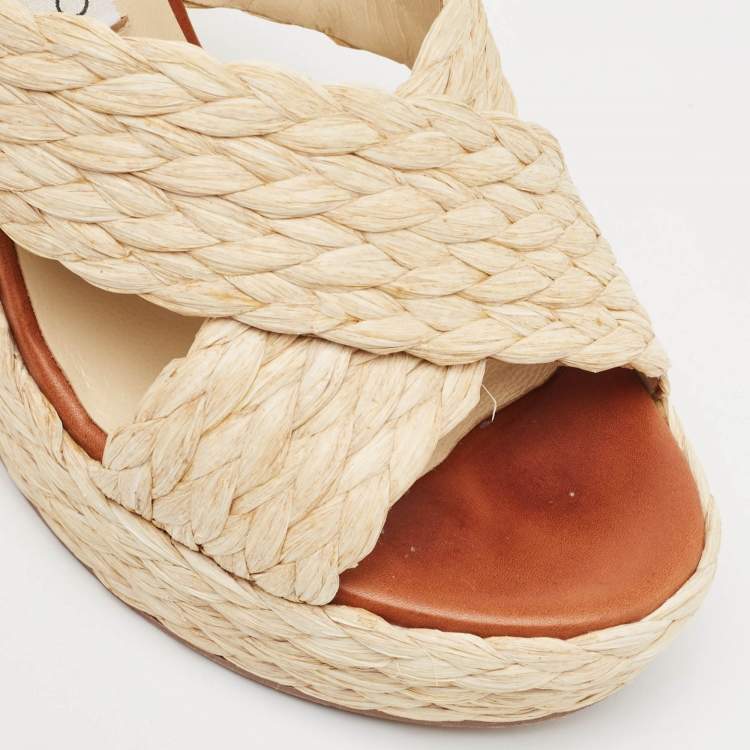 Pre Owned Jimmy Choo Beige Raffia Dovina Wedge Sandals Size 36