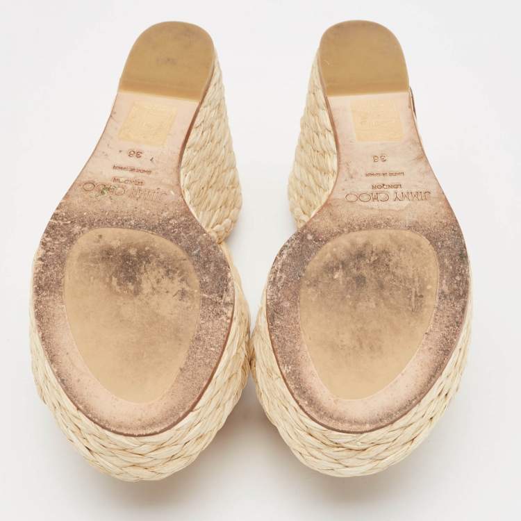 Pre Owned Jimmy Choo Beige Raffia Dovina Wedge Sandals Size 36