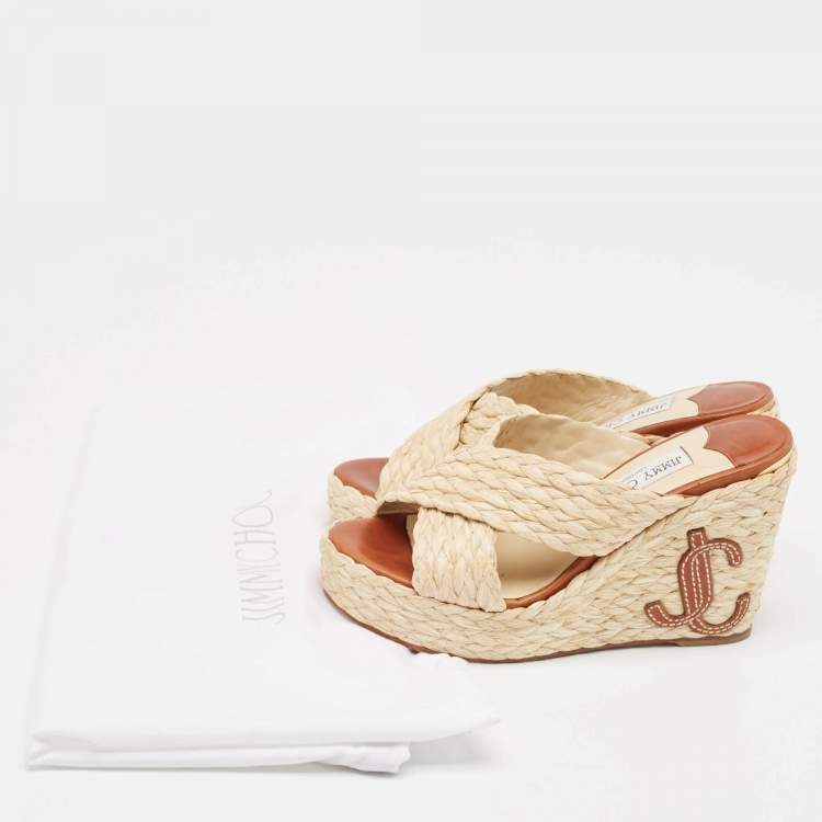 Pre Owned Jimmy Choo Beige Raffia Dovina Wedge Sandals Size 36