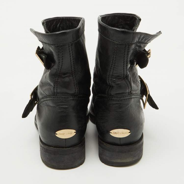 Pre Owned Jimmy Choo Black Leather Biker Ankle Boots Size 37