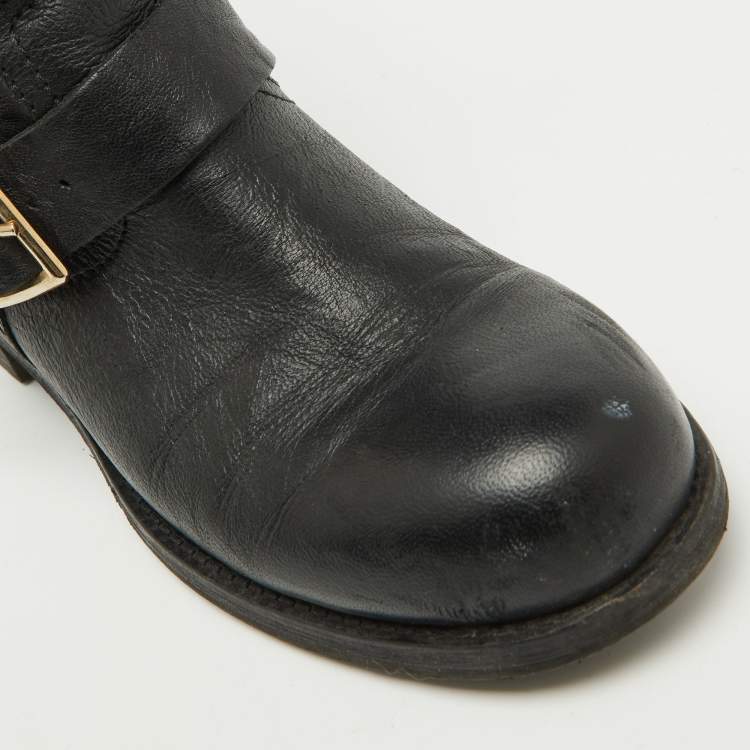 Pre Owned Jimmy Choo Black Leather Biker Ankle Boots Size 37
