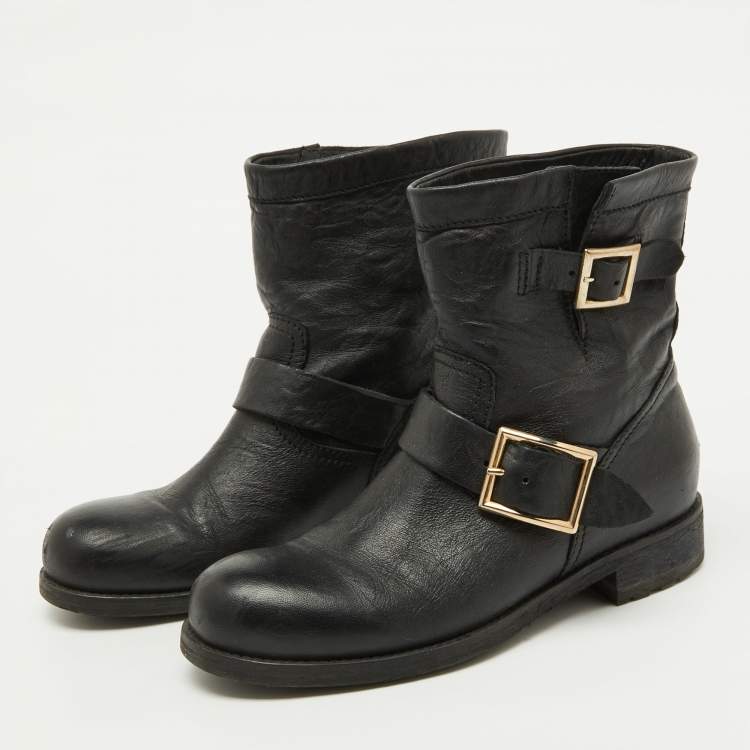 Pre Owned Jimmy Choo Black Leather Biker Ankle Boots Size 37