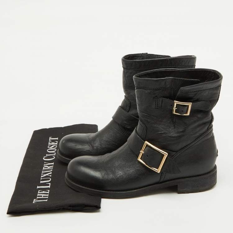 Pre Owned Jimmy Choo Black Leather Biker Ankle Boots Size 37