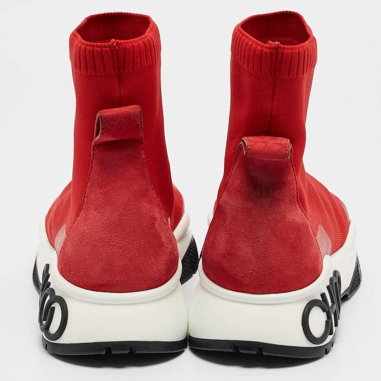 Pre Owned Jimmy Choo Red Knit Fabric and Suede Raine Sock Sneakers Size 38