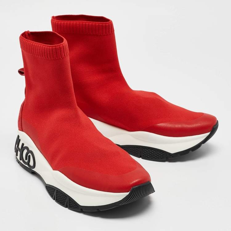 Pre Owned Jimmy Choo Red Knit Fabric and Suede Raine Sock Sneakers Size 38