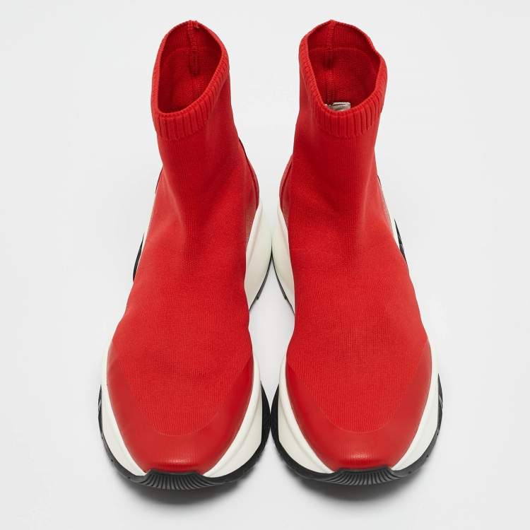 Pre Owned Jimmy Choo Red Knit Fabric and Suede Raine Sock Sneakers Size 38