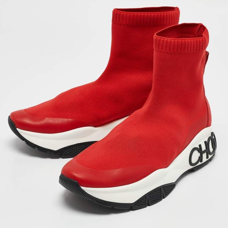 Pre Owned Jimmy Choo Red Knit Fabric and Suede Raine Sock Sneakers Size 38