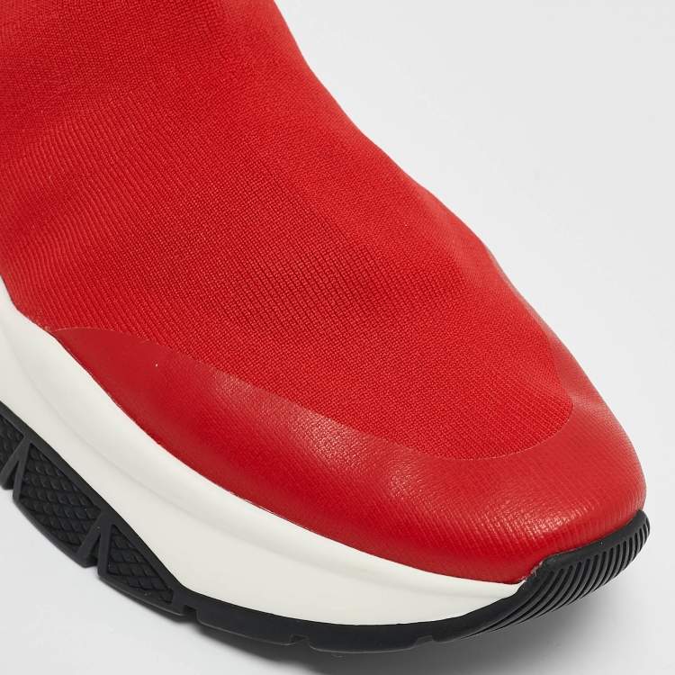 Pre Owned Jimmy Choo Red Knit Fabric and Suede Raine Sock Sneakers Size 38