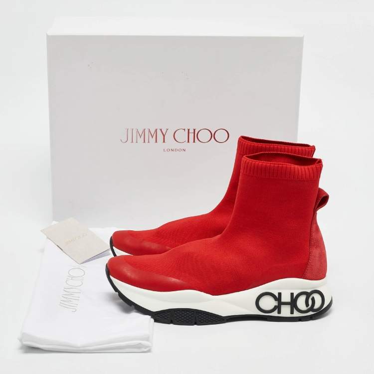 Pre Owned Jimmy Choo Red Knit Fabric and Suede Raine Sock Sneakers Size 38