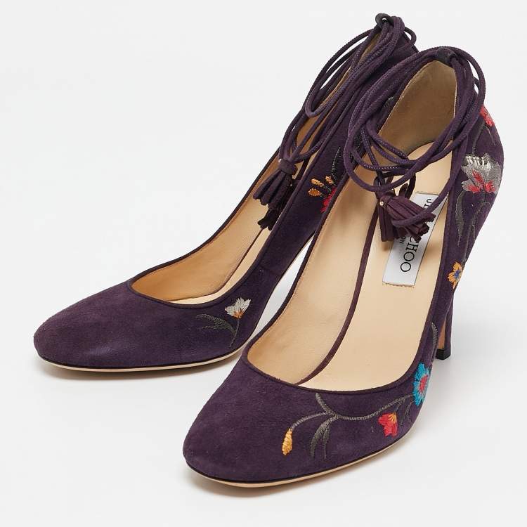 Pre Owned Jimmy Choo Purple Suede Floral Embroidered Chelan Ankle Wrap Pumps Size 40