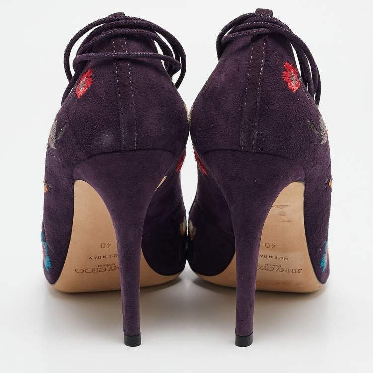 Pre Owned Jimmy Choo Purple Suede Floral Embroidered Chelan Ankle Wrap Pumps Size 40