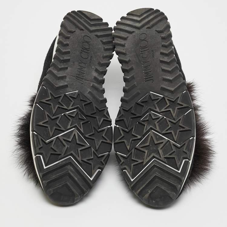 Pre Owned Jimmy Choo Black Knit Fabric and Fur Pom Pom Norway Slip On Sneakers Size 37
