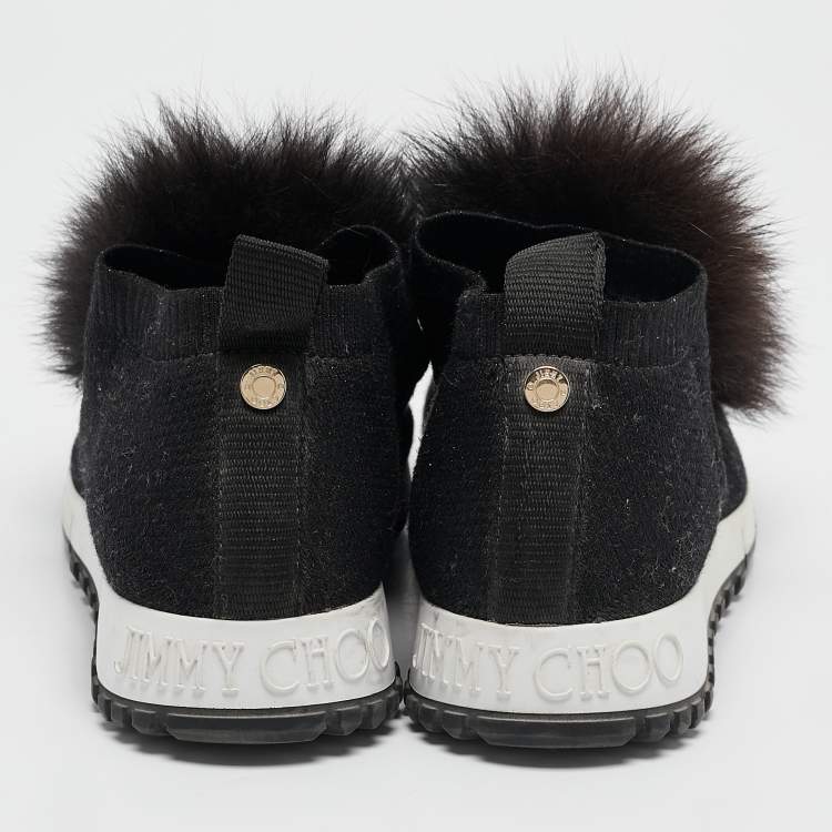 Pre Owned Jimmy Choo Black Knit Fabric and Fur Pom Pom Norway Slip On Sneakers Size 37