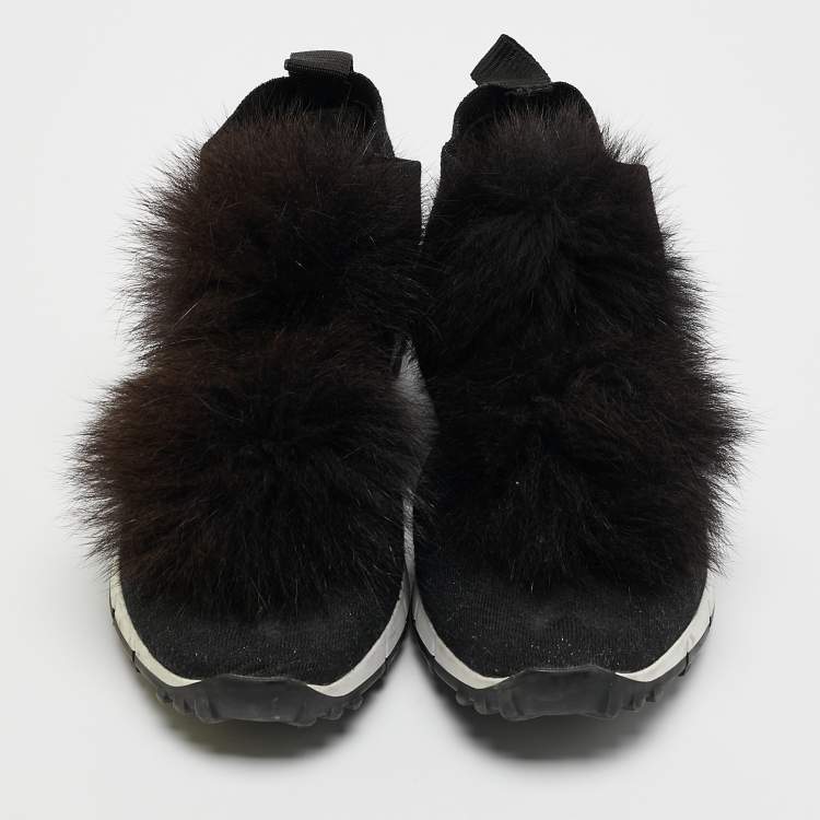 Pre Owned Jimmy Choo Black Knit Fabric and Fur Pom Pom Norway Slip On Sneakers Size 37
