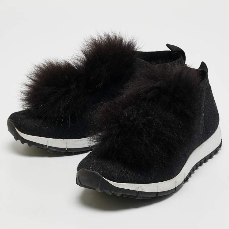 Pre Owned Jimmy Choo Black Knit Fabric and Fur Pom Pom Norway Slip On Sneakers Size 37