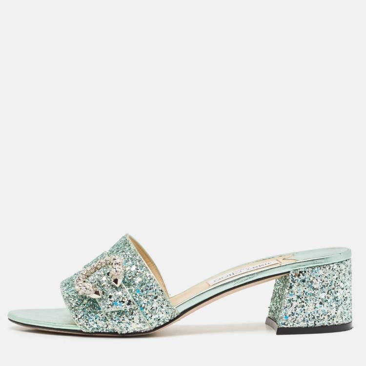 Pre Owned Jimmy Choo Green Glitter Crystal Embellished Slide Sandals Size 42