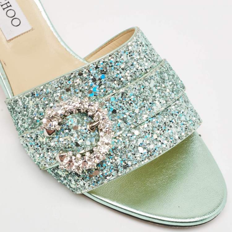 Pre Owned Jimmy Choo Green Glitter Crystal Embellished Slide Sandals Size 42