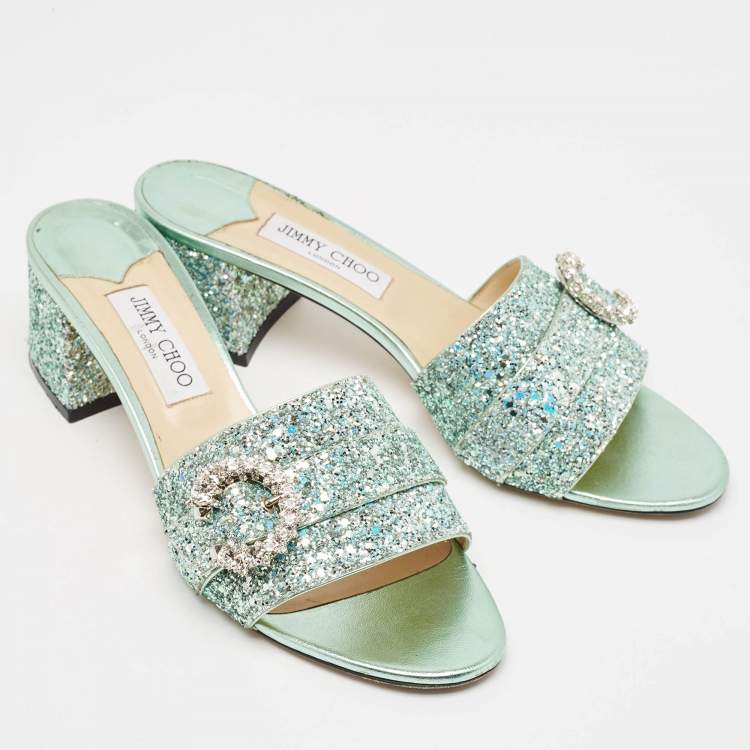 Pre Owned Jimmy Choo Green Glitter Crystal Embellished Slide Sandals Size 42