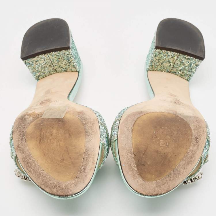 Pre Owned Jimmy Choo Green Glitter Crystal Embellished Slide Sandals Size 42