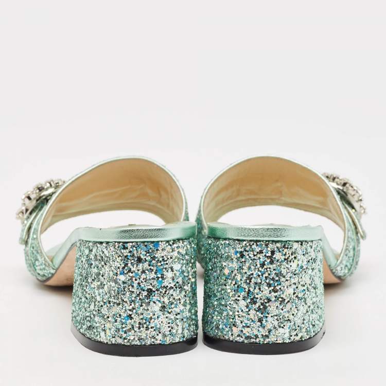 Pre Owned Jimmy Choo Green Glitter Crystal Embellished Slide Sandals Size 42