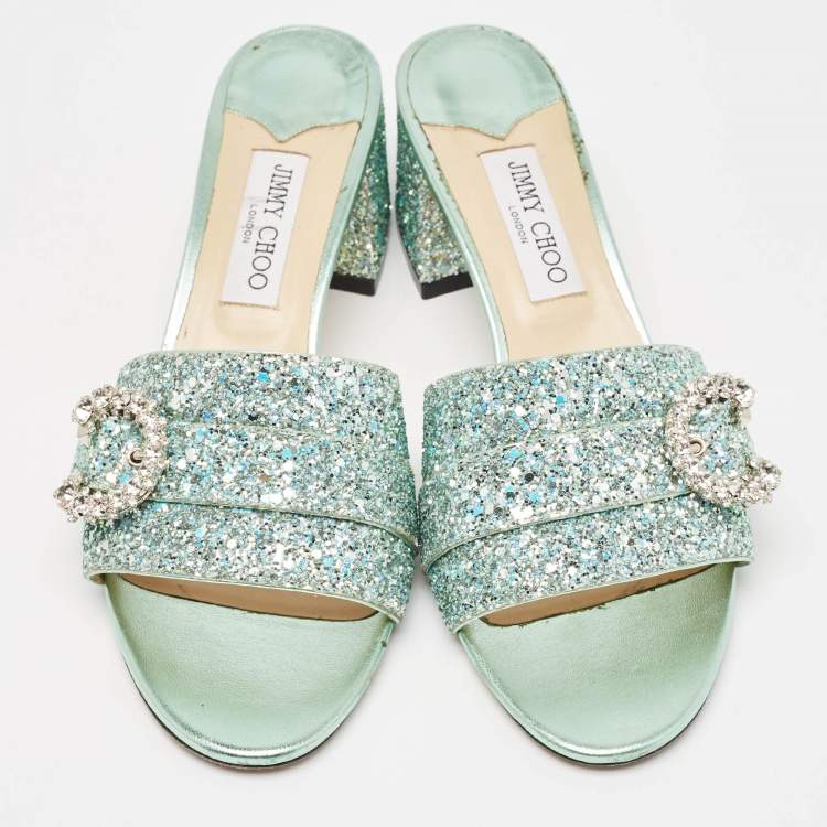 Pre Owned Jimmy Choo Green Glitter Crystal Embellished Slide Sandals Size 42