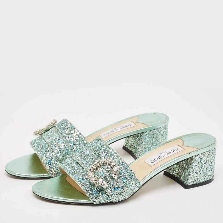 Pre Owned Jimmy Choo Green Glitter Crystal Embellished Slide Sandals Size 42