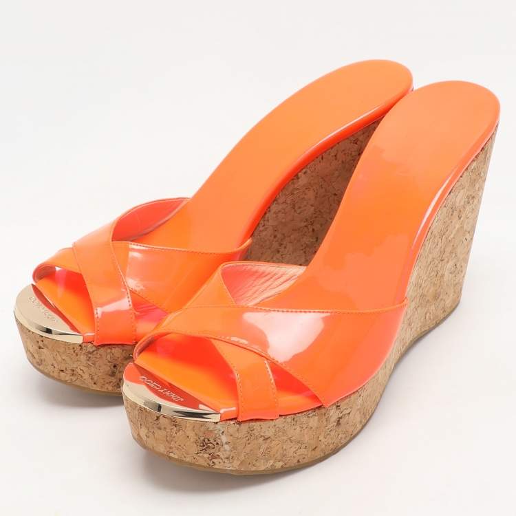 Pre Owned Jimmy Choo Neon Orange Patent Leather Wedge Sandals Size 40.5