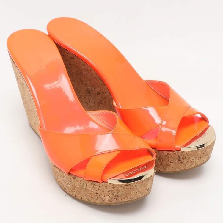 Pre Owned Jimmy Choo Neon Orange Patent Leather Wedge Sandals Size 40.5