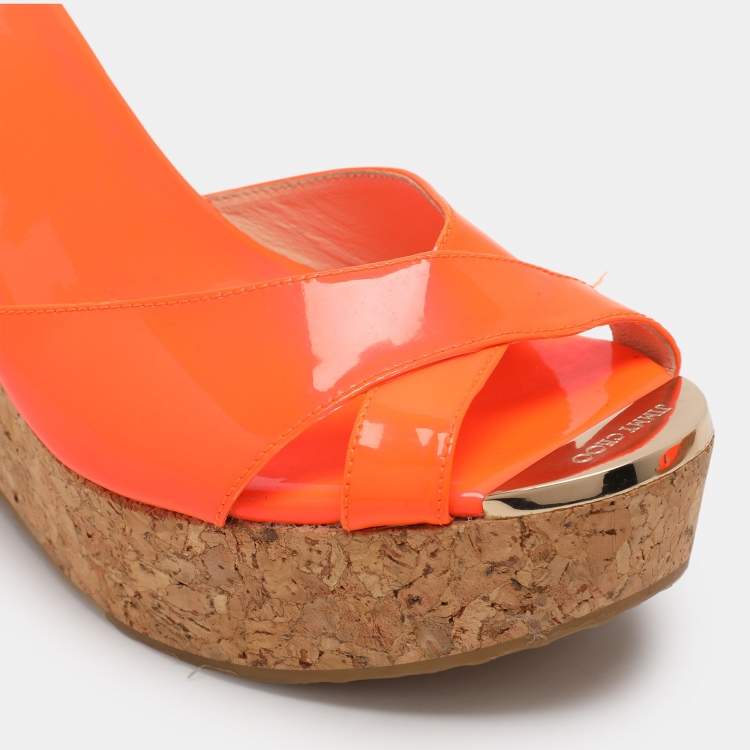 Pre Owned Jimmy Choo Neon Orange Patent Leather Wedge Sandals Size 40.5