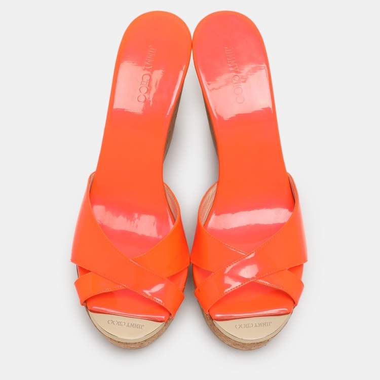 Pre Owned Jimmy Choo Neon Orange Patent Leather Wedge Sandals Size 40.5