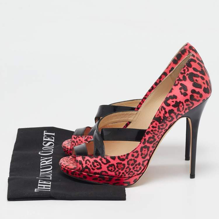 Pre Owned Jimmy Choo Black/Pink Leopard Print Patent Leather Open Toe Pumps Size 40.5