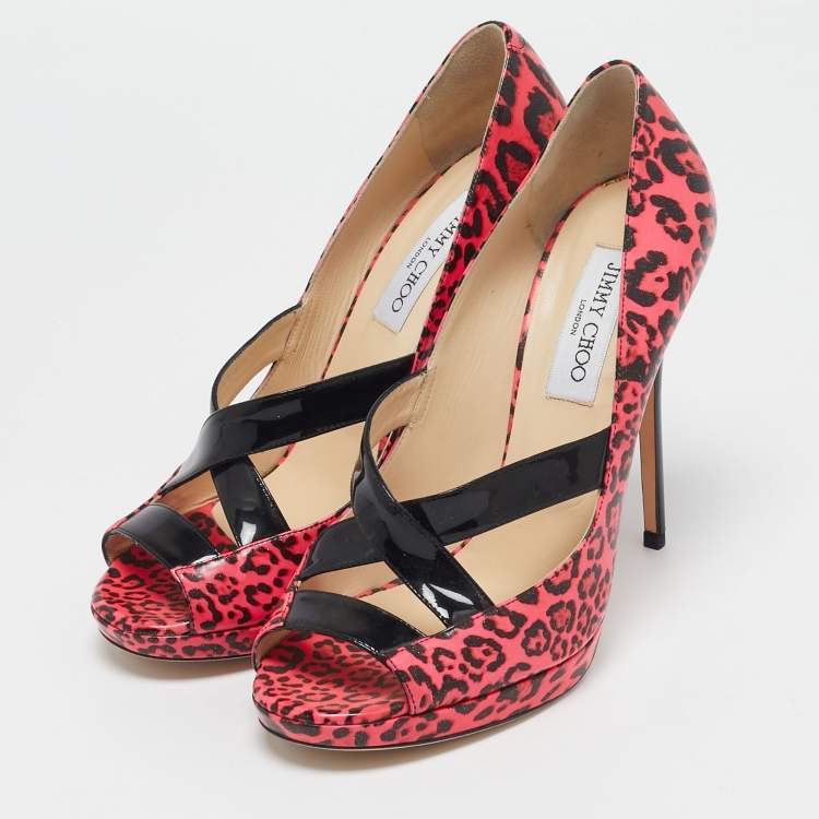 Pre Owned Jimmy Choo Black/Pink Leopard Print Patent Leather Open Toe Pumps Size 40.5