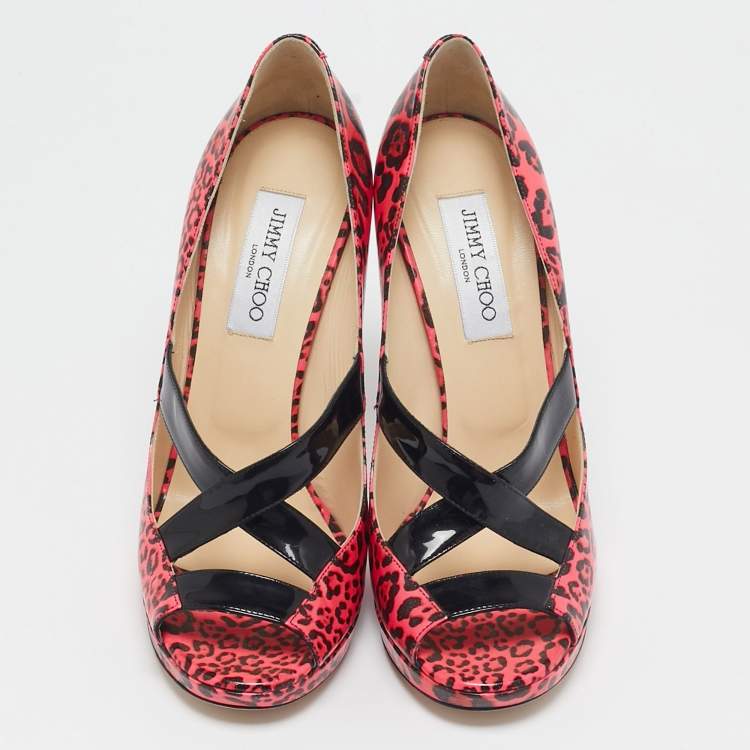 Pre Owned Jimmy Choo Black/Pink Leopard Print Patent Leather Open Toe Pumps Size 40.5