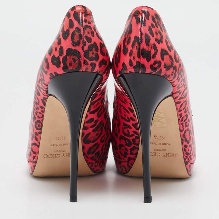 Pre Owned Jimmy Choo Black/Pink Leopard Print Patent Leather Open Toe Pumps Size 40.5
