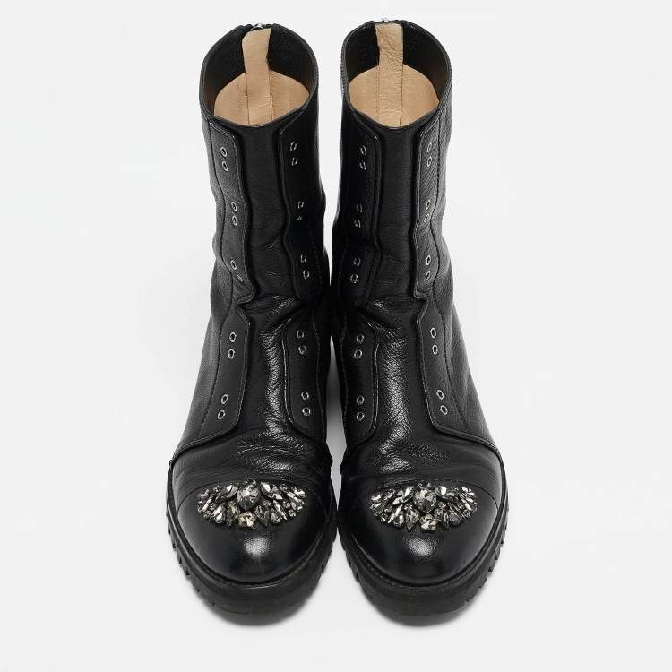 Pre Owned Jimmy Choo Black Leather Crystal Embellished Hatcher Boots Size 41.5
