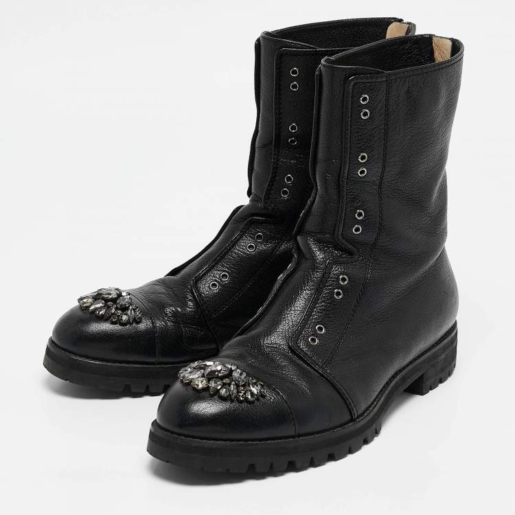 Pre Owned Jimmy Choo Black Leather Crystal Embellished Hatcher Boots Size 41.5