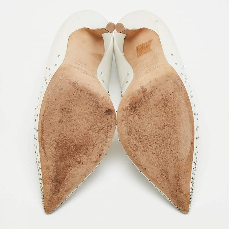 Pre Owned Jimmy Choo White Leather Romy Pearl Embellished Pointed Toe Pumps 36.5