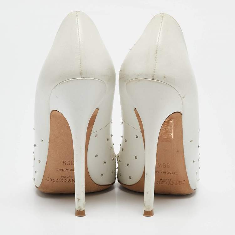 Pre Owned Jimmy Choo White Leather Romy Pearl Embellished Pointed Toe Pumps 36.5