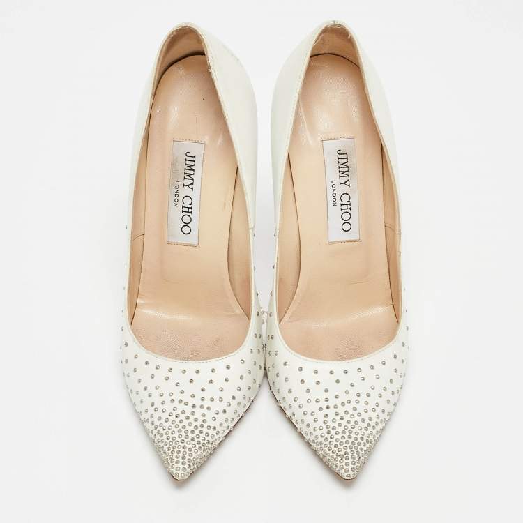Pre Owned Jimmy Choo White Leather Romy Pearl Embellished Pointed Toe Pumps 36.5