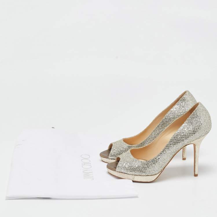 Pre Owned Jimmy Choo Silver Glitter Dahlia Peep Toe Pumps Size 38